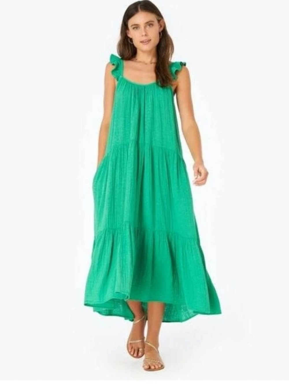 Xirena Rumer Maxi Dress S Green Tiered Ruffled Cotton Cottagecore Lagenlook
